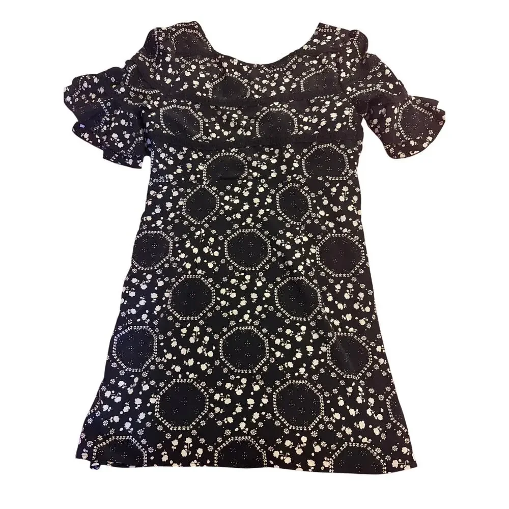 Free People Women’s Size 12 Black White Floral Ruffle Sleeve Mini Dress Boho